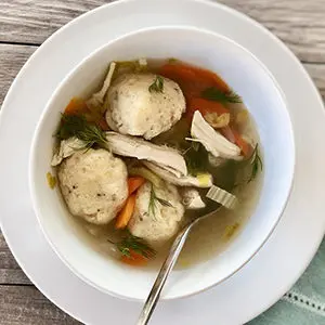 A photo of chicken recipes with a bowl of matzo ball soup
