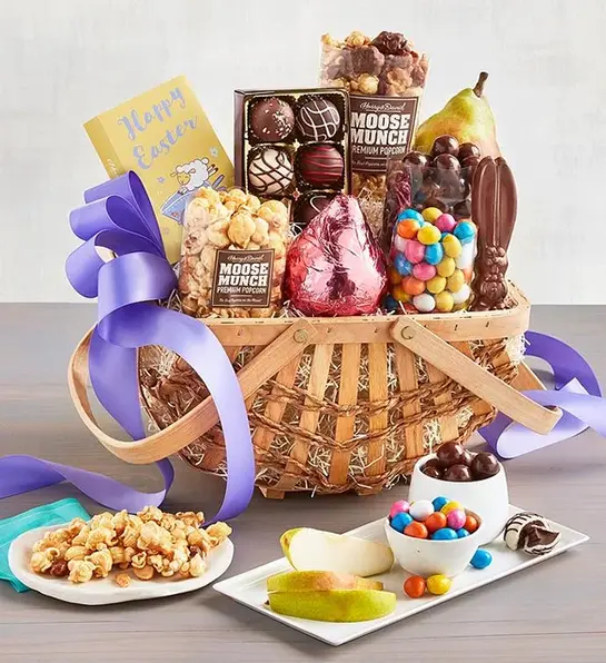 Easter gift ideas with a basket full of Easter chocolate, confectionary and more.