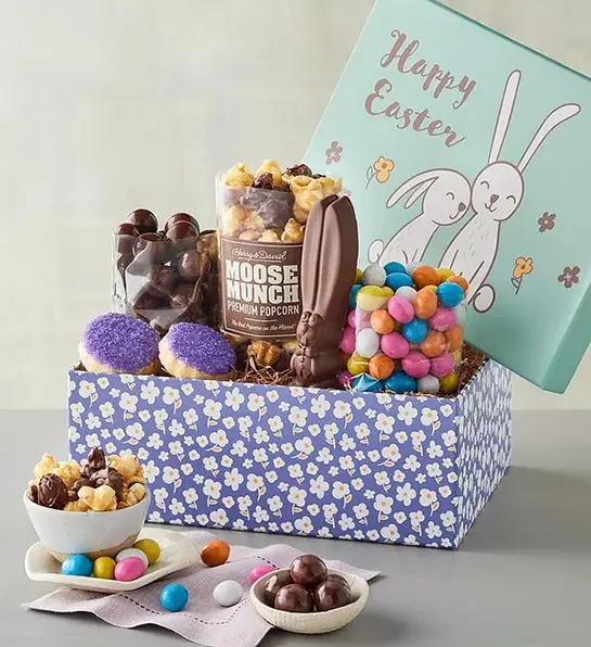 Easter gift ideas with a box of candies, cookie and Easter chocolate.