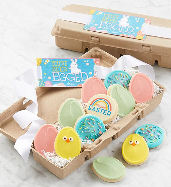 Easter gift ideas with a carton of Easter decorated cookies.