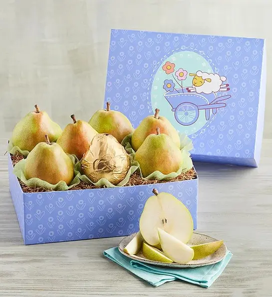 Easter gift ideas with a box of pears.