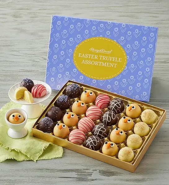 Easter gift ideas with a box of truffles decorated to look like baby chicks and bunnies.