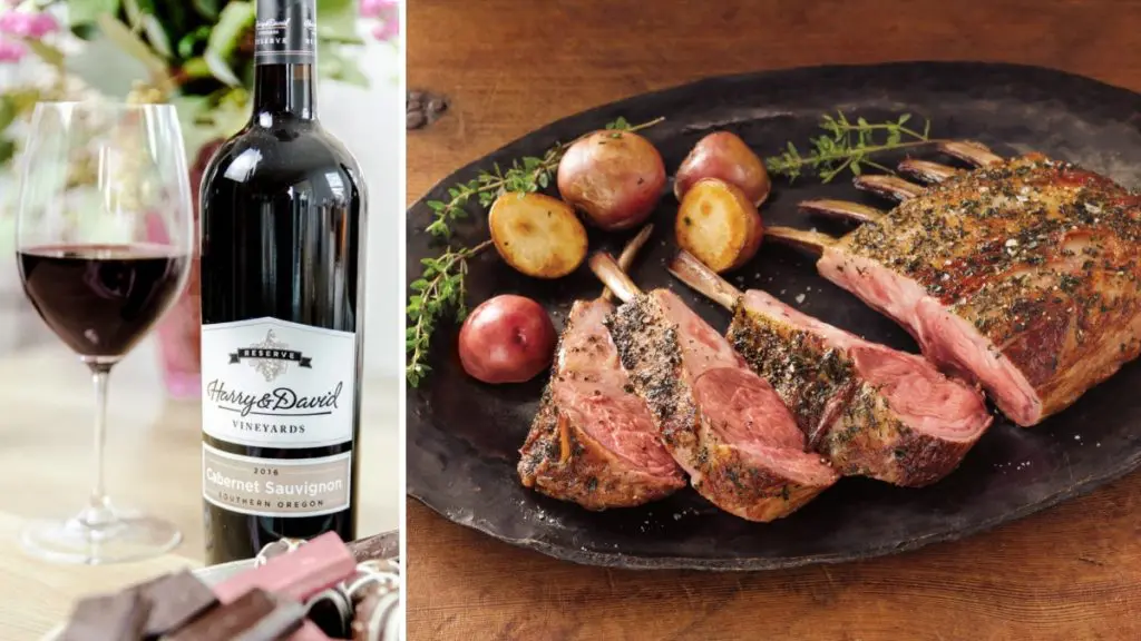 A photo of Easter wine with a bottle of cabernet sauvignon on one side and a rack of lamb on the other