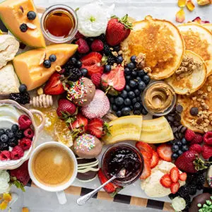 A photo of breakfast recipes with a breakfast board