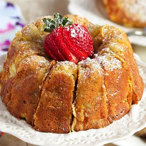 A photo of breakfast recipes with a French toast Bundt cake on a plate