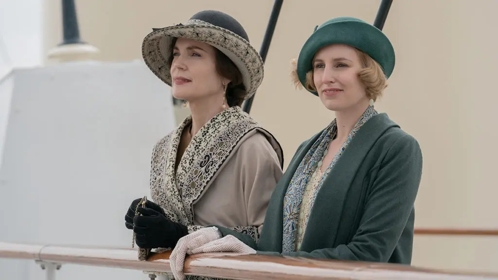 A photo of Downton Abbey with two women on a ship