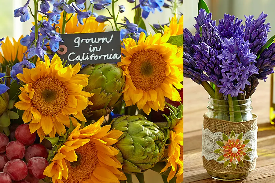 A photo of mother's day wine tasting with two bouquets of flowers