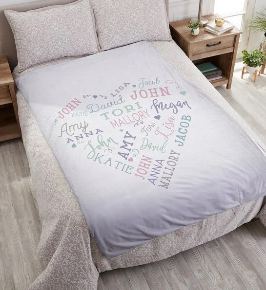 A photo of gifts for new moms with a personalized weighted blanket on a bed