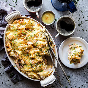 A photo of may recipes with an eggs benedict casserole