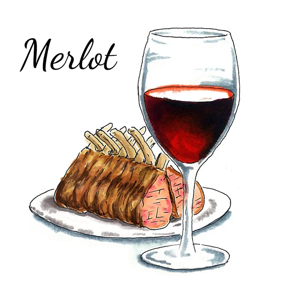 A photo of wine regions with a drawn glass of merlot next to a rack of lamb