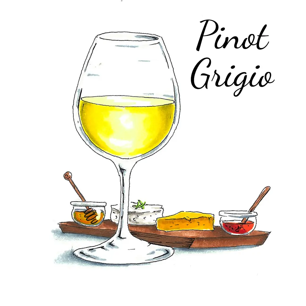 A photo of wine regions with a drawn glass of pinot grigio next to a plate of food