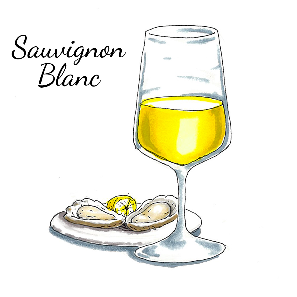 A photo of wine regions with a drawn glass of sauvignon blanc next to a plate of food