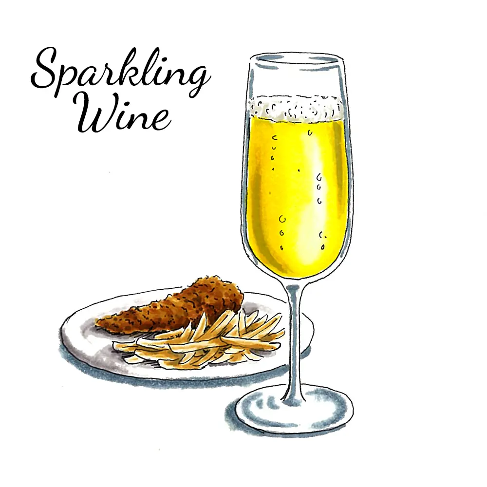 A photo of wine regions with a drawn glass of sparkling wine next to a plate of food