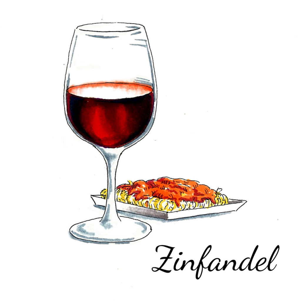 A photo of wine regions with a drawn glass of zinfandel with a plate of food next to it