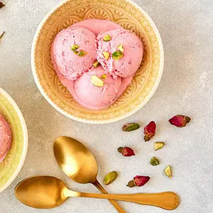 A photo of june recipes with a bowl of rose water ice cream
