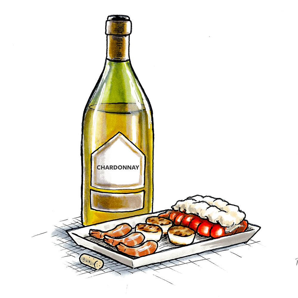 A photo of wine with fish with a drawing of a bottle of chardonnay next to a plate of seafood