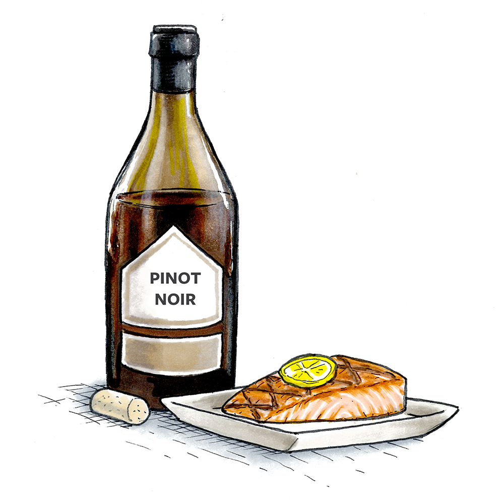 A photo of wine with fish with a drawing of a bottle of pinot noir next to a plate of cooked salmon