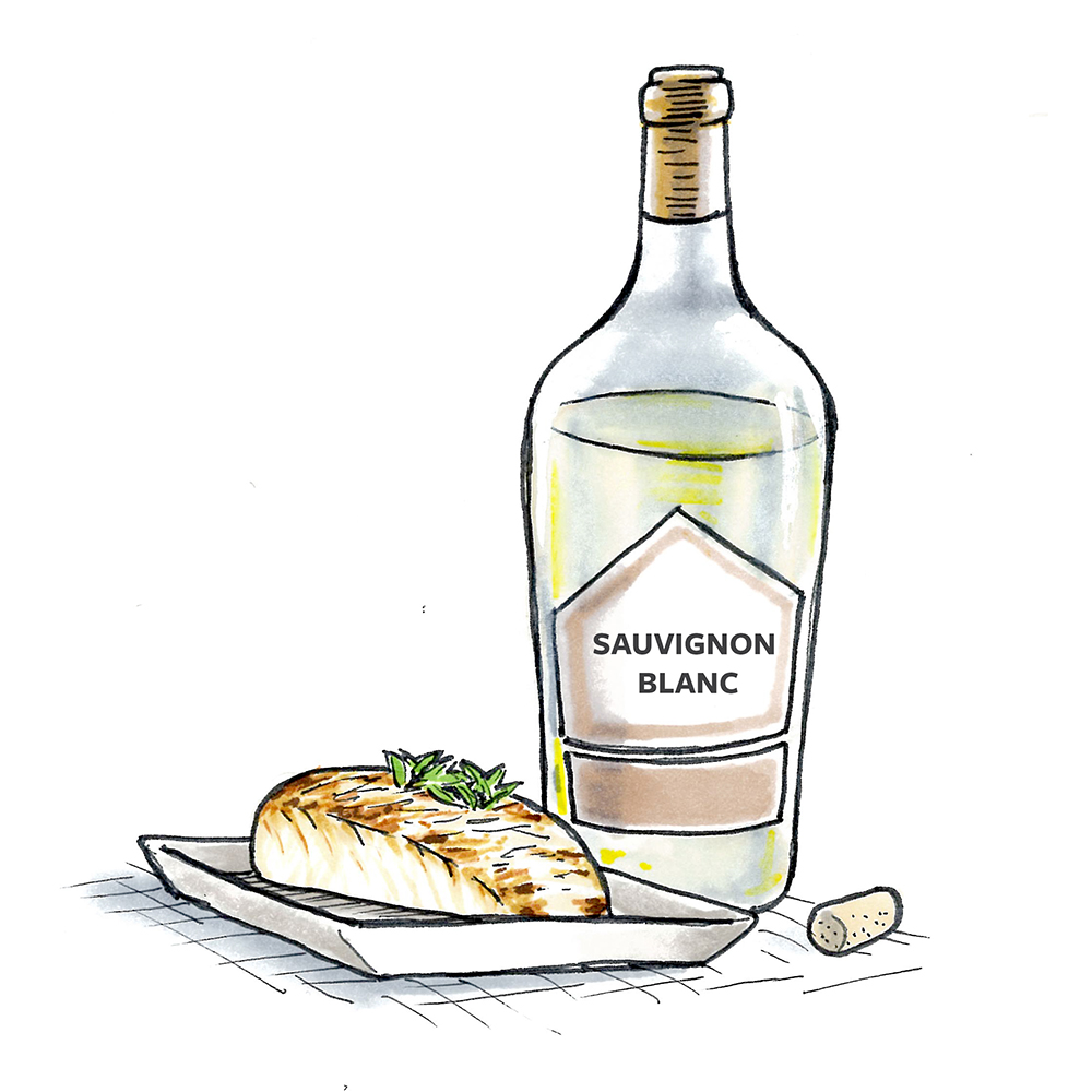 A photo of wine with fish with a drawing of a bottle of sauvignon blanc next to a plate of halibut