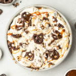 Photo of caramel ice cream with chocolate covered pretzels