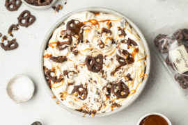 Photo of caramel ice cream with chocolate covered pretzels