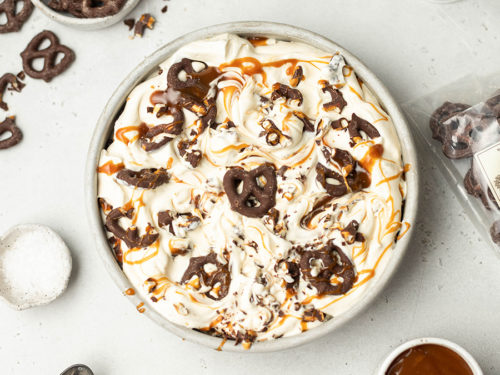 Photo of caramel ice cream with chocolate covered pretzels