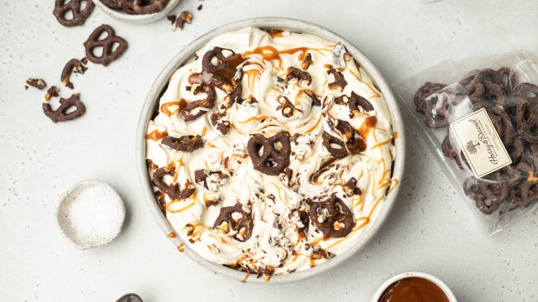 Photo of caramel ice cream with chocolate covered pretzels