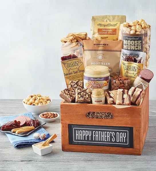 A photo of Father's Day gift with a box full of savory snacks with the same items next to it