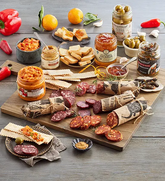 Father's Day gift ideas with an array of charcuterie, cheese, and crackers.