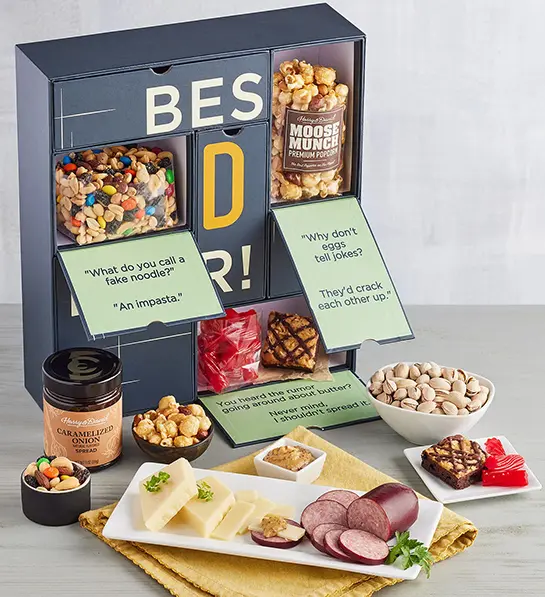 Father's Day gift ideas with an advent style box of snacks and dad jokes.