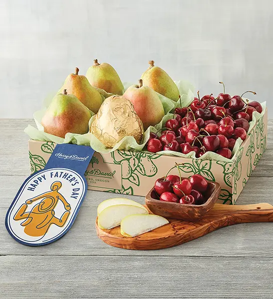 Father's Day gift ideas with a box of cherries and pears.