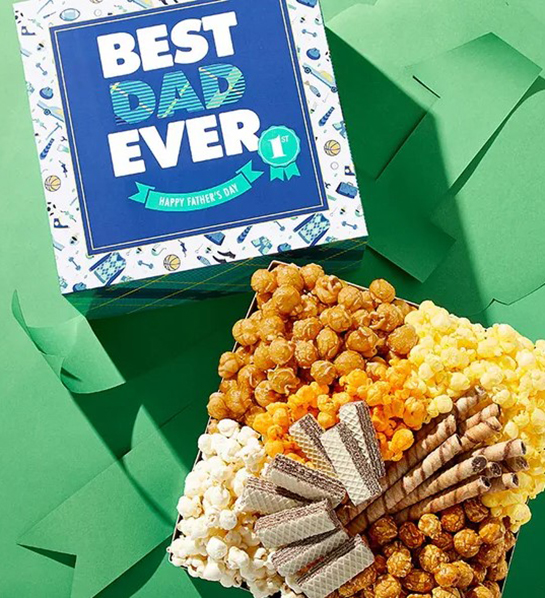 A photo of father's day gift ideas with a box of popcorn