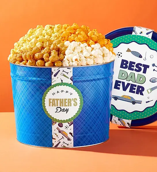 Father's Day gift ideas with a tin of flavored popcorn.