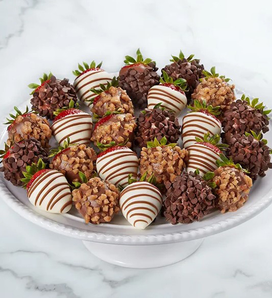 A photo of father's day gift guide with a plate of chocolate covered strawberries