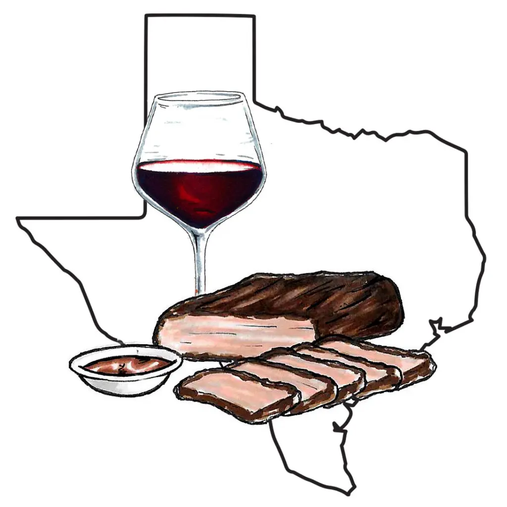 Photo of wine pairing with the outline of Texas state with a glass of red wine and a plate of brisket on top of the outline.