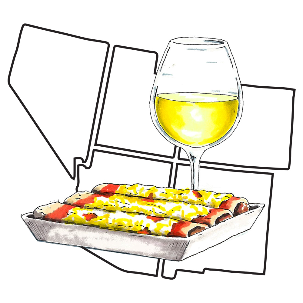 Photo of wine pairing with outlines of several southwest states slightly covered by a glass of white wine and a plate of enchiladas