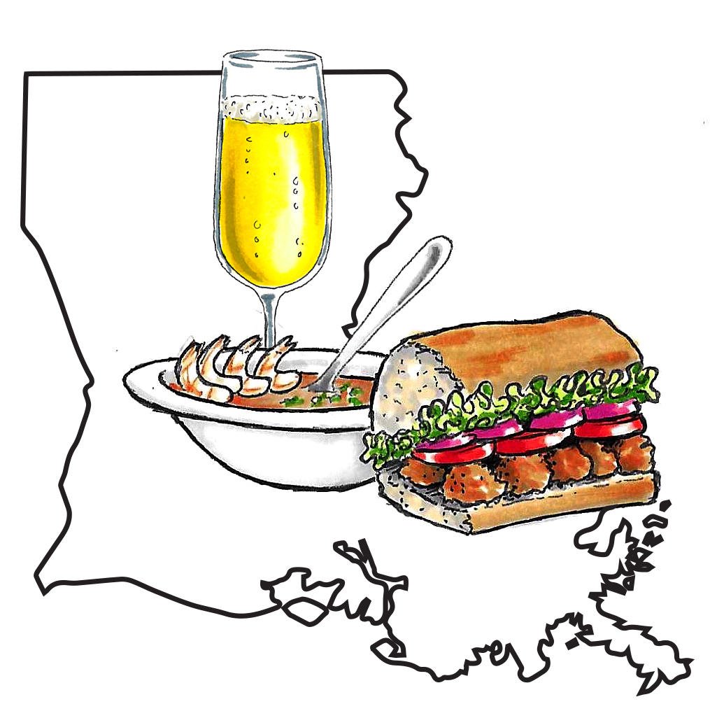 Photo of wine pairings with an outline of Louisiana State with a glass of sparkling wine and two items of food on top of the outline.