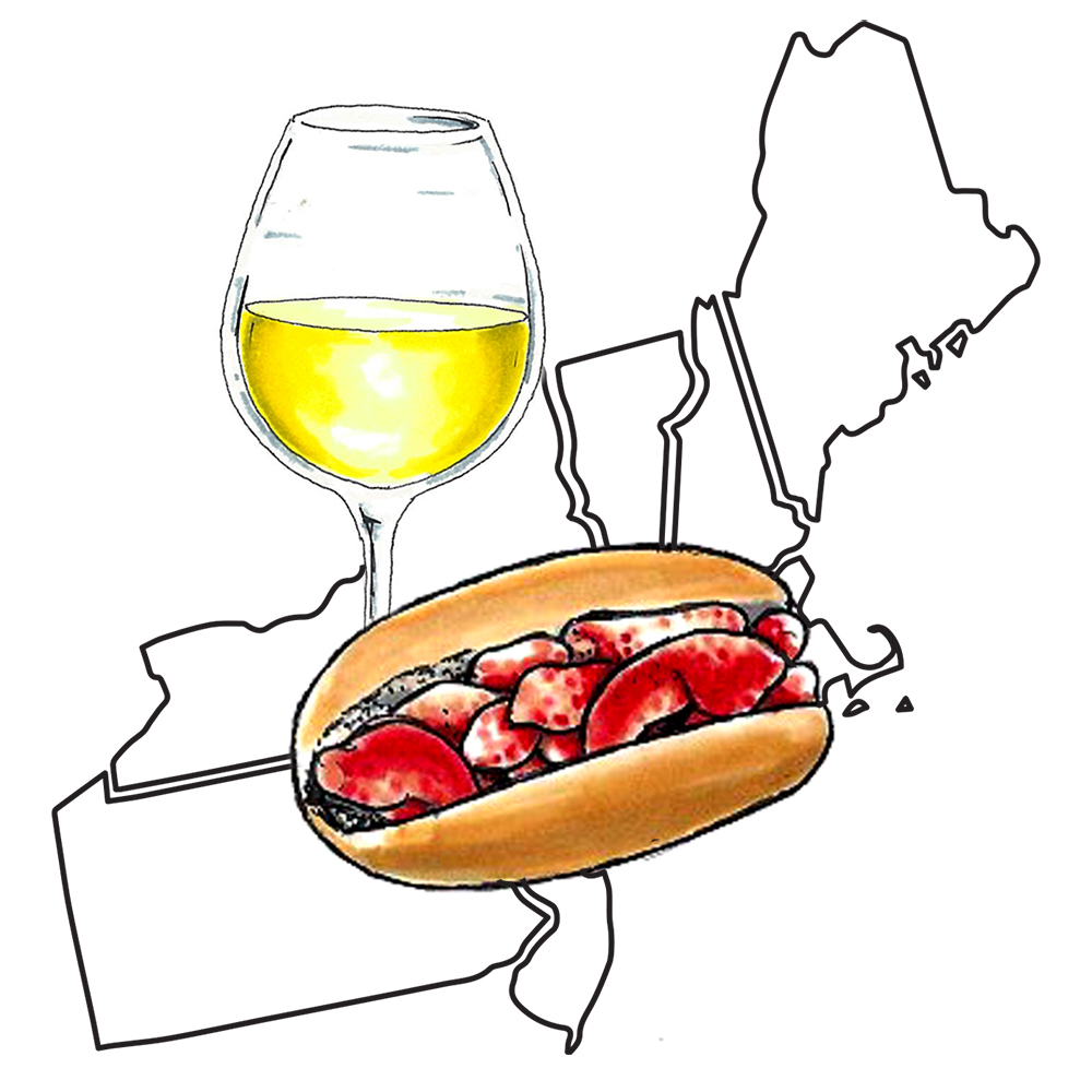 Photo of wine pairing with an outline of the northeast states of the us with a drawing of a glass of white wine and a lobster roll on top. 