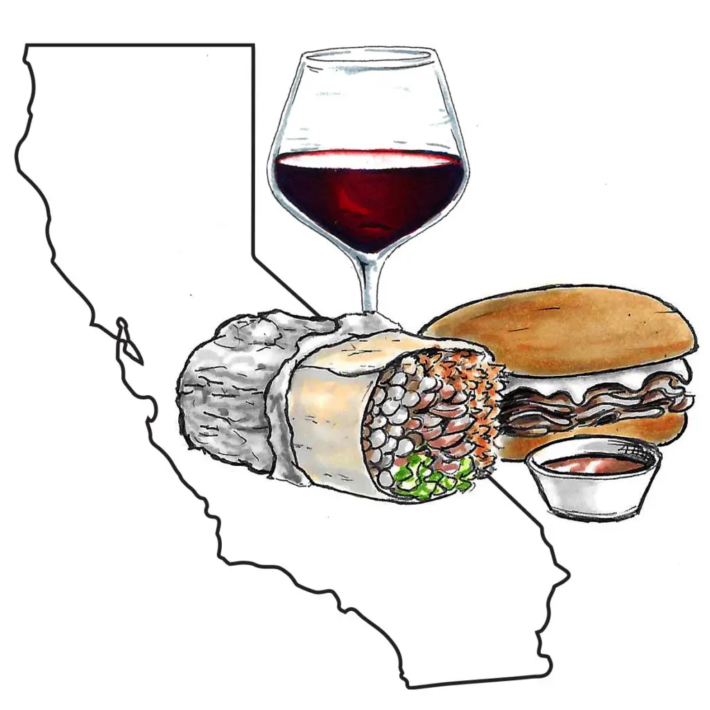 Photo of wine pairing with an outline of California state with a glass of red wine next to a burrito and a French dip sandwich.