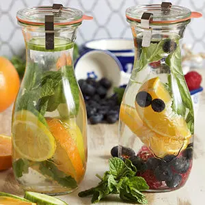 August recipes with two jugs of water full of mint and fruit