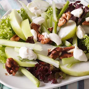August recipes with a closeup of a Waldorf salad.