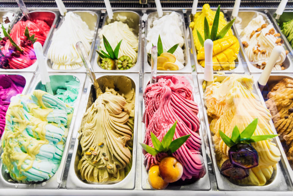 Bucket list. Italian gelato ice cream on  display in shop.