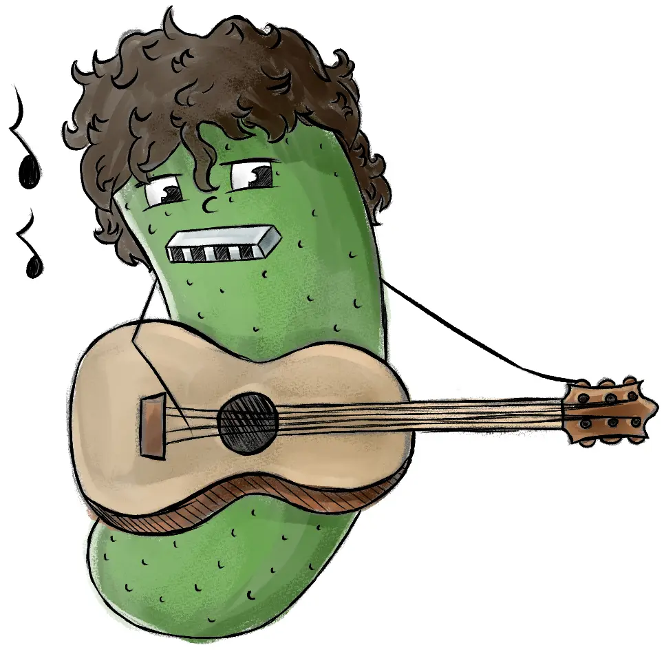 Food puns. An illustration of Bob Dylan as a pickle. 