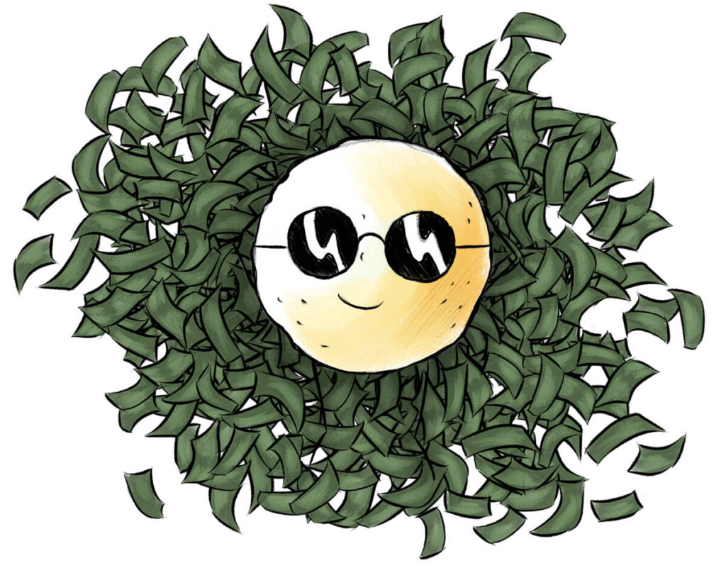 Food puns. A honeydew melon in a pile of money.
