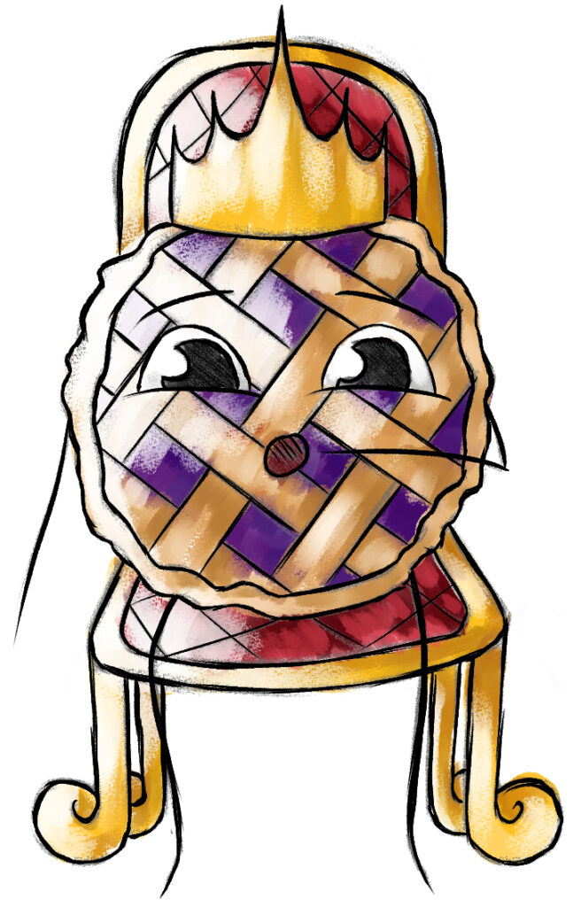 Food puns. An illustration of a blueberry pie sitting on a throne.
