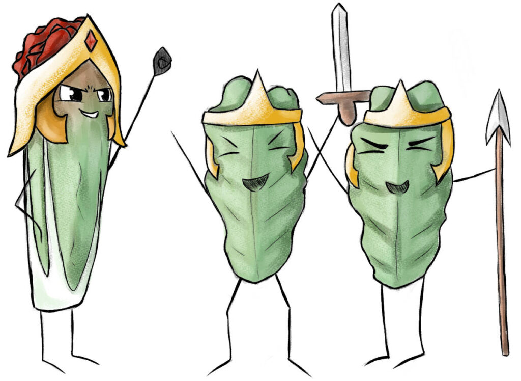 Food puns. An illustration of romaine lettuce as warriors. 