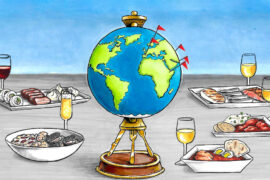 Global cuisine wine pairings with a drawing of a globe on a stand surrounded by regional dishes and glasses of wine