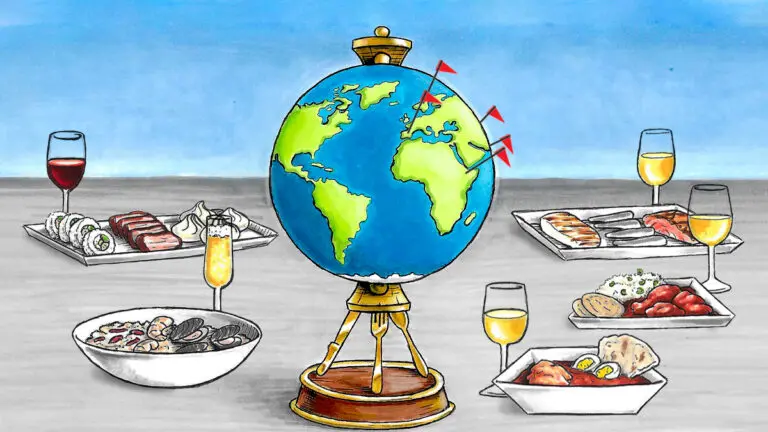 Global cuisine wine pairings with a drawing of a globe on a stand surrounded by regional dishes and glasses of wine