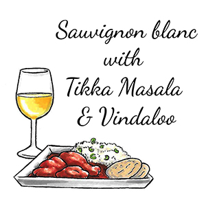 Global cuisine wine pairings with a glass of sauvignon blanc next to a bowl of tikka masala and vindaloo