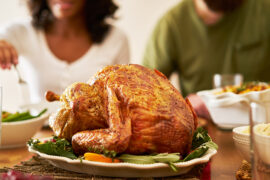 When is thanksgiving with a closeup of a turkey on a table at thanksgiving.