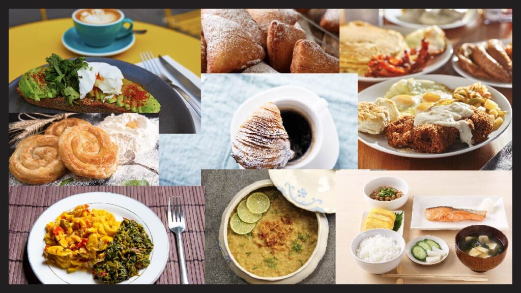Breakfast around the world with multiple breakfast dishes from all over the globe.